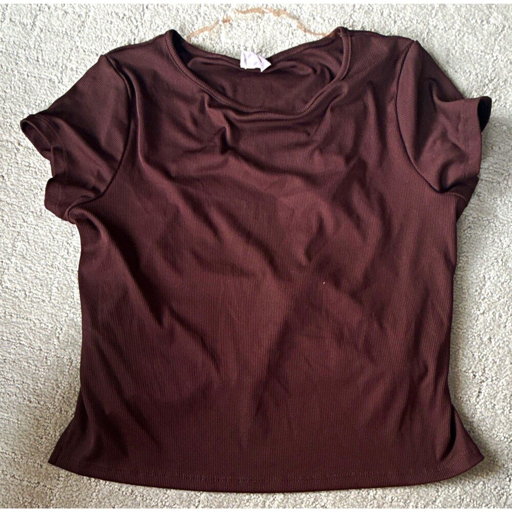 Cotton On Ribbed Knit Short Sleeve Round Neck Tie Back Women’s Brown Top L